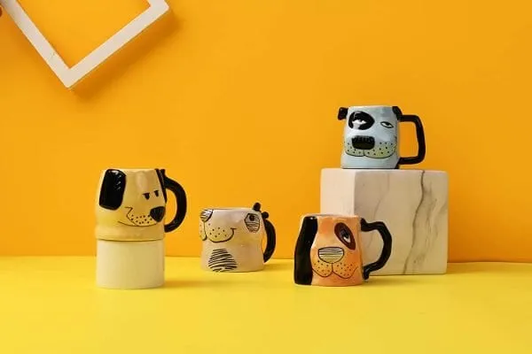 Bico Cartoon Dog Handcrafted Stoneware Ceramic 8oz Mugs, Set of 4