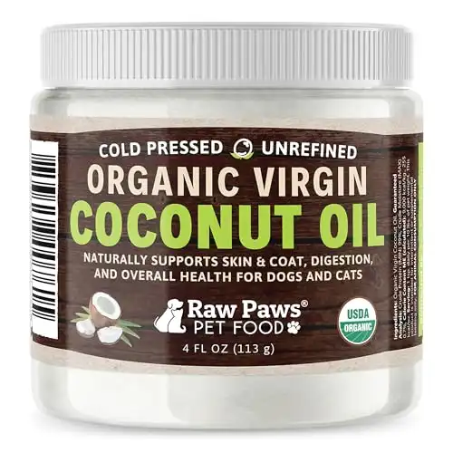 Raw Paws Organic Virgin Coconut Oil for Dogs & Cats, 4-oz - Supports Immune System, Digestion, Oral Health, Thyroid - All Natural Allergy Relief for Dogs, Hairball Relief