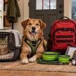 Cat and dog beside a packed pet evacuation bag with carriers, water, bowls, records, leash, and flashlight before a storm