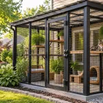 Predator-proof catio with secure welded-wire mesh, roof, foundation, and double-latch door