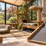 Senior tabby cat using a gentle nonslip ramp in an accessible catio with low platforms and a bed
