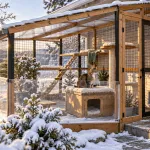 Winterized backyard catio with clear windbreaks, a snow-shedding roof, and a tabby cat in a raised shelter